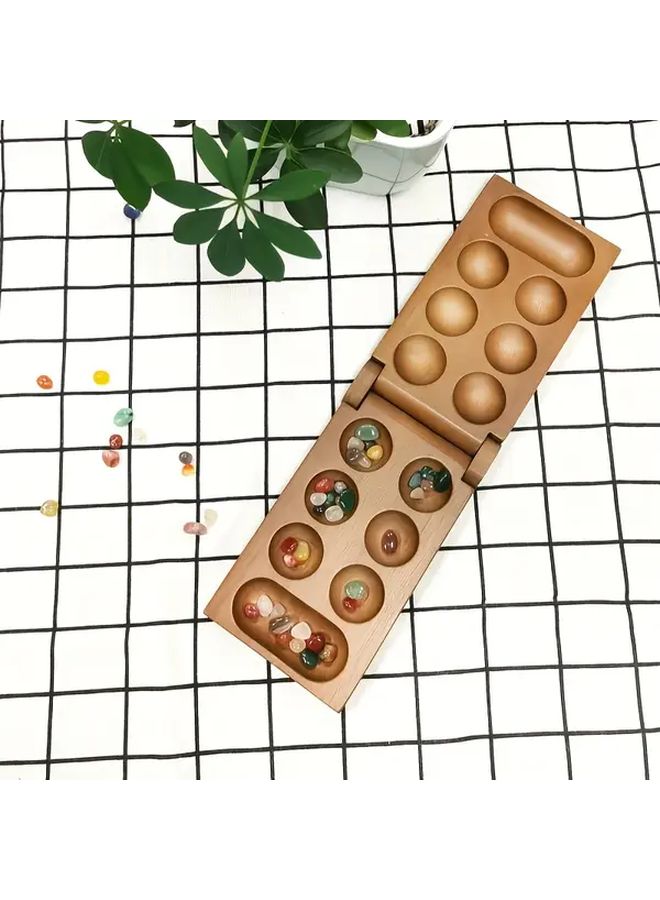 Mancala Board Game Deep Brown Wooden Strategy Set With Colorful Stones For Family - Image 5