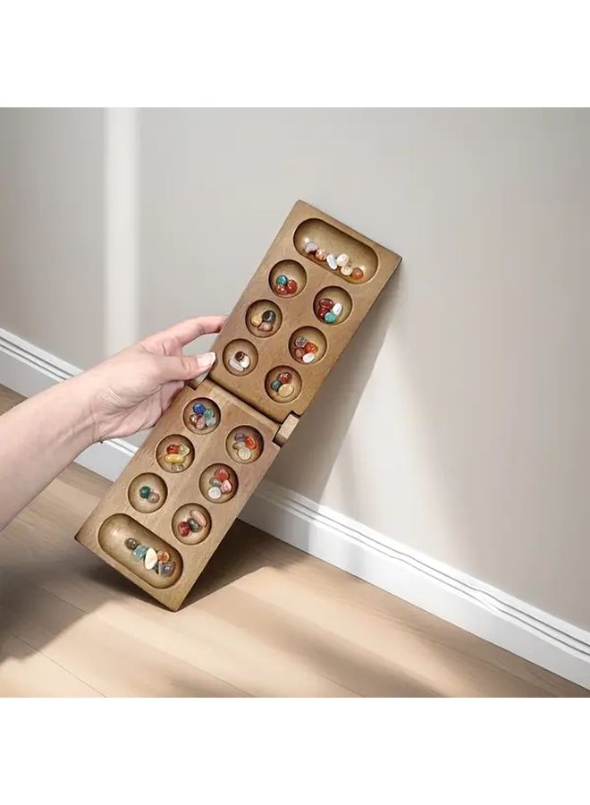 Mancala Board Game Deep Brown Wooden Strategy Set With Colorful Stones For Family - Image 1