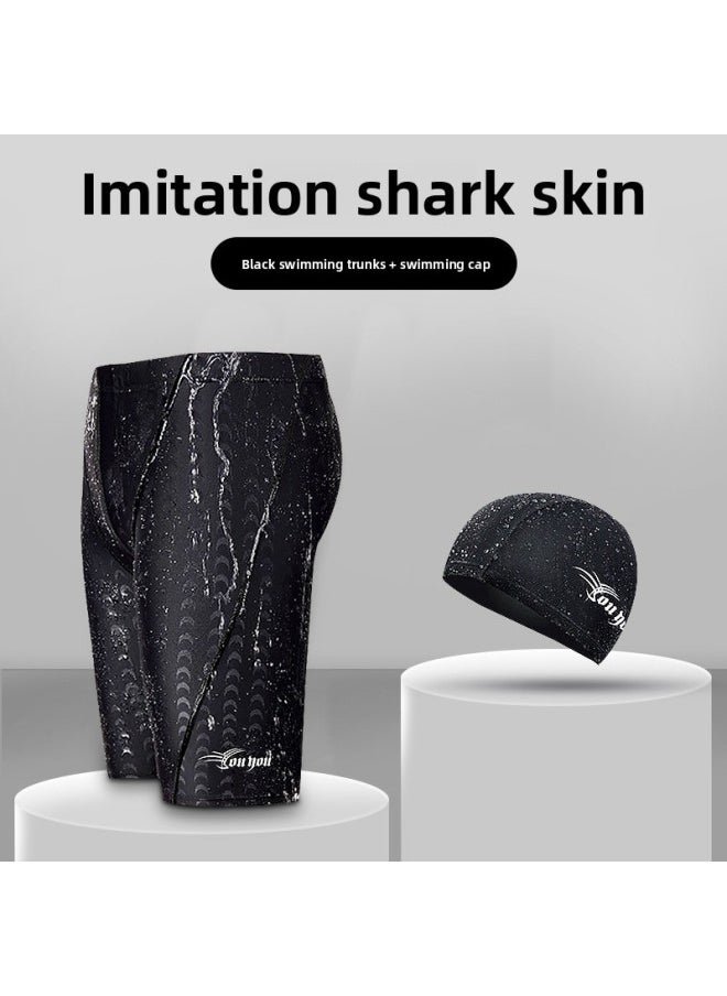 Generic - Swimming Trunks Men's Five-point Anti-embarrassment Boxer Quick-drying Plus Size Swimming Equipment Suit Swimming Trunks Swimming Cap Swimming Goggles Three-piece Set-Color:Black Five Points + Swimming Cap- - Image 1