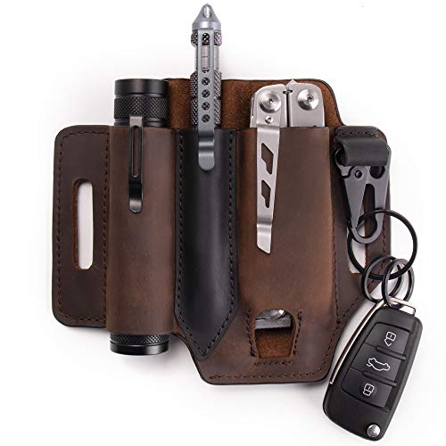 Gentlestache Multitool Sheath for Belt, Leather EDC Pocket Organizer for Men, Leatherman Sheath with Pen Holder, Key Fob, Flashlight Sheath, EDC Leather Pouch Dark Brown - Image 1