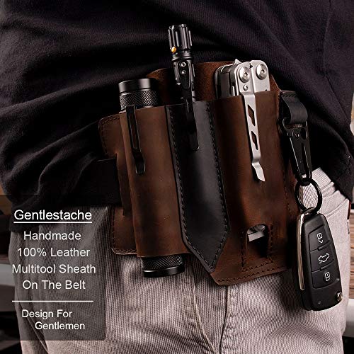 Gentlestache Multitool Sheath for Belt, Leather EDC Pocket Organizer for Men, Leatherman Sheath with Pen Holder, Key Fob, Flashlight Sheath, EDC Leather Pouch Dark Brown - Image 2