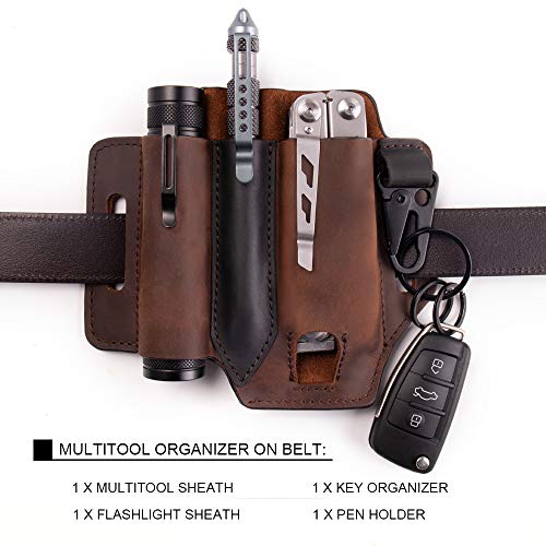 Gentlestache Multitool Sheath for Belt, Leather EDC Pocket Organizer for Men, Leatherman Sheath with Pen Holder, Key Fob, Flashlight Sheath, EDC Leather Pouch Dark Brown - Image 3