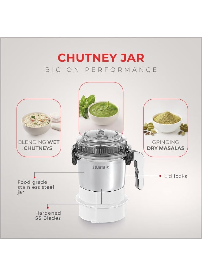 Sujata Multimix Juicer Mixer Grinder|900 Watts Double Ball Bearing Motor|22000 RPM|Non-Stop 90 Mins Running|3 Jars including 1750ml Blender with Coconut Milk Extractor,1000ml, 500ml Jar| (White) - Image 2