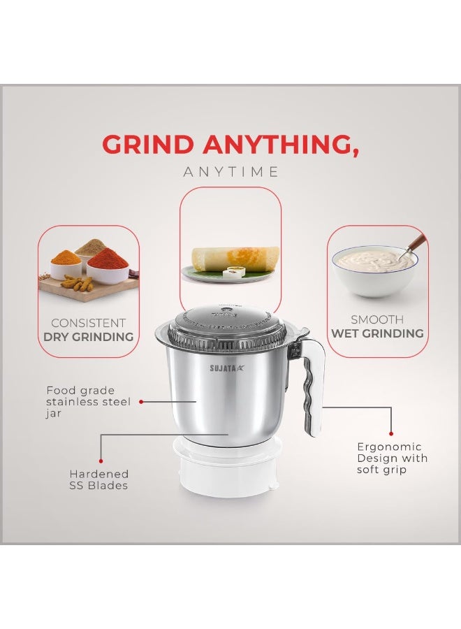 Sujata Multimix Juicer Mixer Grinder|900 Watts Double Ball Bearing Motor|22000 RPM|Non-Stop 90 Mins Running|3 Jars including 1750ml Blender with Coconut Milk Extractor,1000ml, 500ml Jar| (White) - Image 5