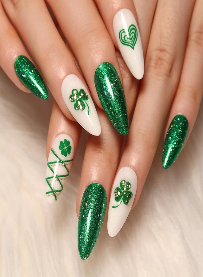 WAFOLOZE 24Pcs St Patricks Day Press On Nails, Green Glitter Press On Nails Almond Medium Fake Nail with Green Shamrock & Rhinestone Heart Design, Artificial Stick On Nail for Women - Image 1