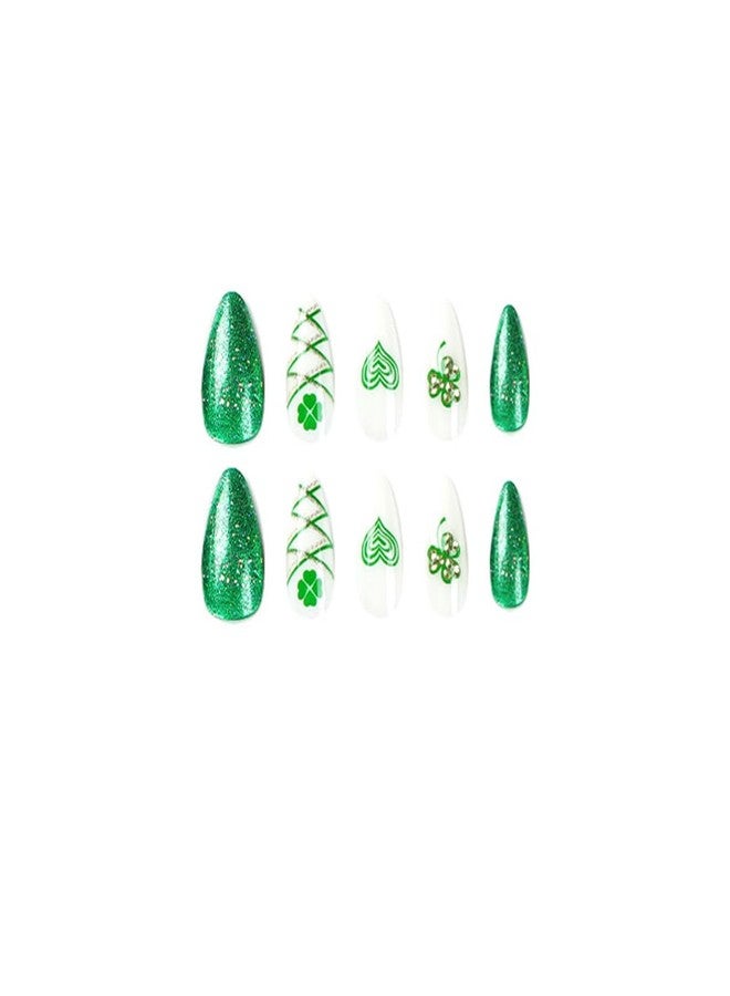 WAFOLOZE 24Pcs St Patricks Day Press On Nails, Green Glitter Press On Nails Almond Medium Fake Nail with Green Shamrock & Rhinestone Heart Design, Artificial Stick On Nail for Women - Image 5