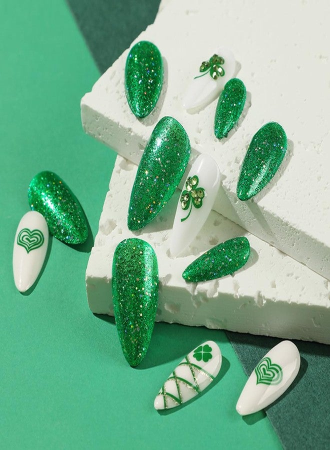 WAFOLOZE 24Pcs St Patricks Day Press On Nails, Green Glitter Press On Nails Almond Medium Fake Nail with Green Shamrock & Rhinestone Heart Design, Artificial Stick On Nail for Women - Image 2