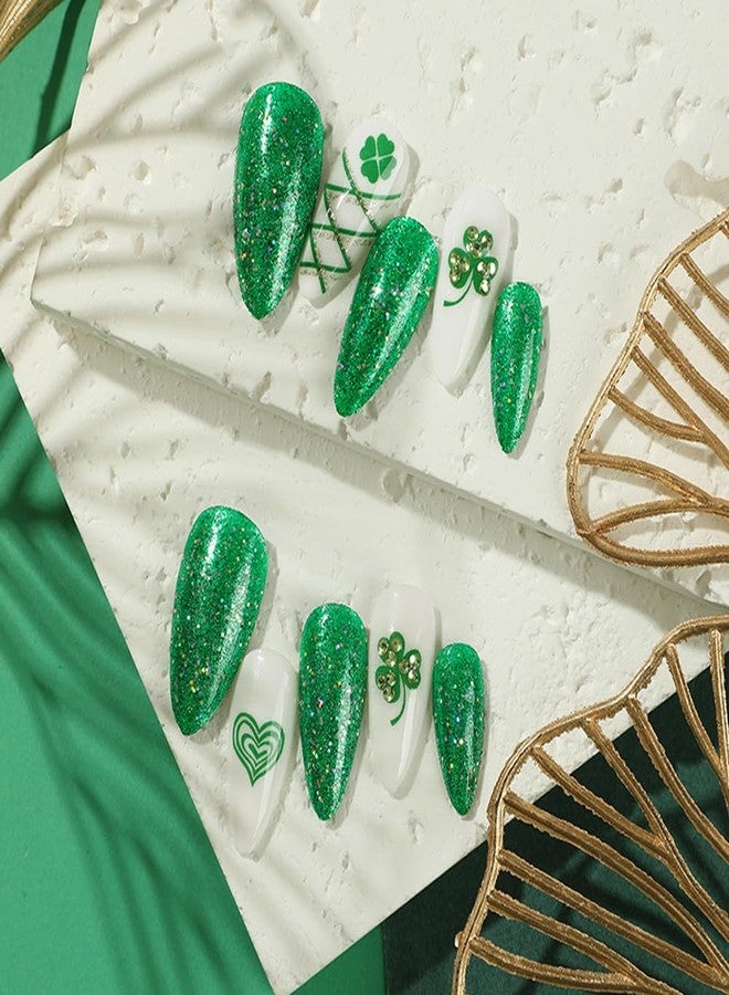 WAFOLOZE 24Pcs St Patricks Day Press On Nails, Green Glitter Press On Nails Almond Medium Fake Nail with Green Shamrock & Rhinestone Heart Design, Artificial Stick On Nail for Women - Image 3