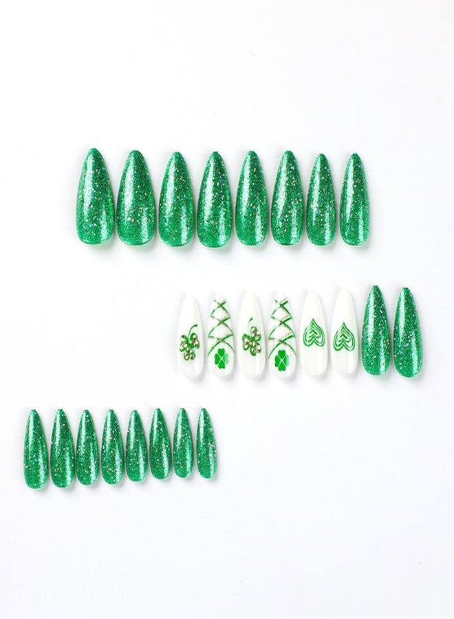 WAFOLOZE 24Pcs St Patricks Day Press On Nails, Green Glitter Press On Nails Almond Medium Fake Nail with Green Shamrock & Rhinestone Heart Design, Artificial Stick On Nail for Women - Image 4