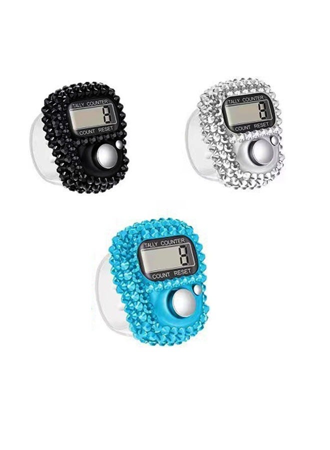 ZVEV 3 Pcs Finger Counters,Digital LED Electronic Finger Counter,Mechanical Manual Clicker Number Lap Tracker Counter,Diamond Shape（Blue/Black/White） - Image 1