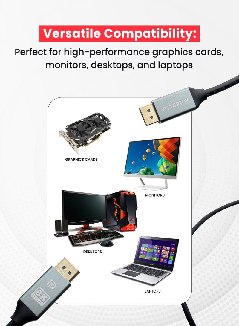 Tortox 8K@60hz 4K@120HZ DP TO DP Cable (2M), 32.4Gbps, Gold Plated Plug, Supports Deep Color, Supports Graphics Card, Monitor, Desktop, Laptops, Macbook, DisplayPort Male TO DisplayPort Male Cable - Image 4