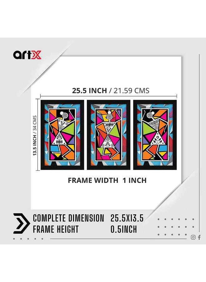 ArtX Paper Warli Tribal Wall Frame Art Painting, Framed Paintings, Multicolor, Abstract, 25.5 X 13 Inches (Combined), 8.5 X 13 each, Set of 3 - Image 2