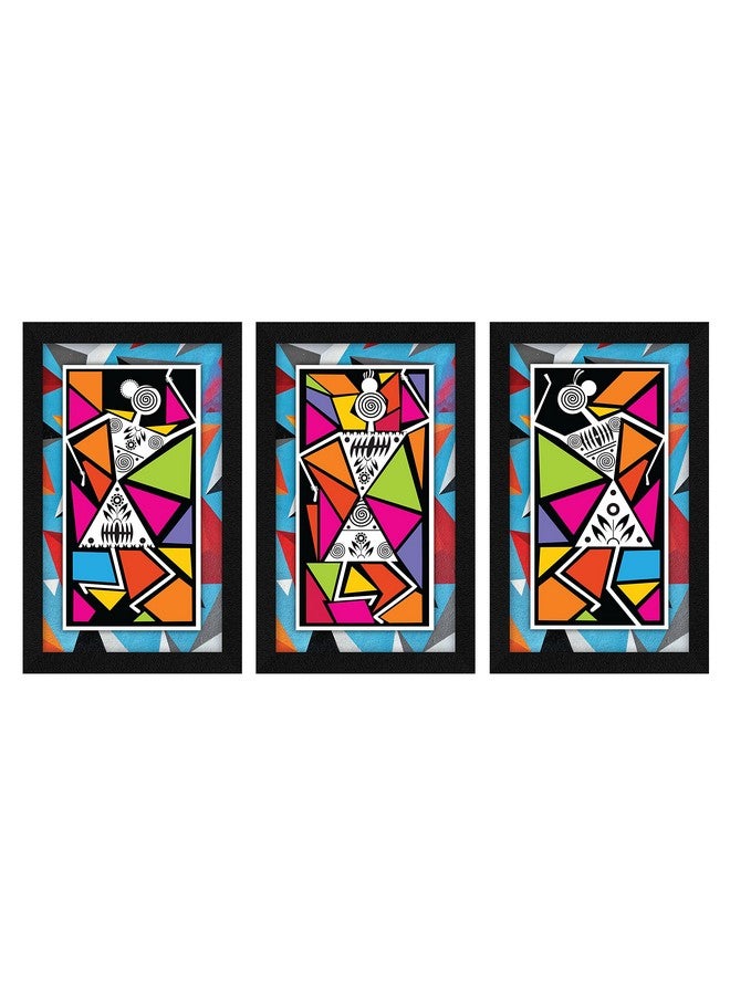 ArtX Paper Warli Tribal Wall Frame Art Painting, Framed Paintings, Multicolor, Abstract, 25.5 X 13 Inches (Combined), 8.5 X 13 each, Set of 3 - Image 1
