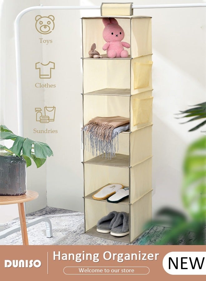 DUNISO 6-Tier Hanging Shelf Closet Organizer with 2 Side Pockets, Storage Box Collapsible Shelves Hanging Closet for Clothes, Socks, Underwear, Hat, Jeans, Towel, Sweater, in Bedroom, Dorm College Room - Image 1
