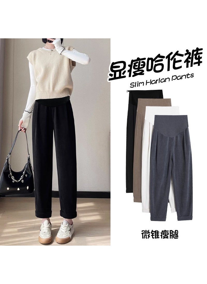 Generic Vertical Stripe Cotton Velvet Cropped Pants For Pregnant Women Spring Casual Knit Soft Rice Harem Trousers Milk Trousers Creamy-white  - Image 4