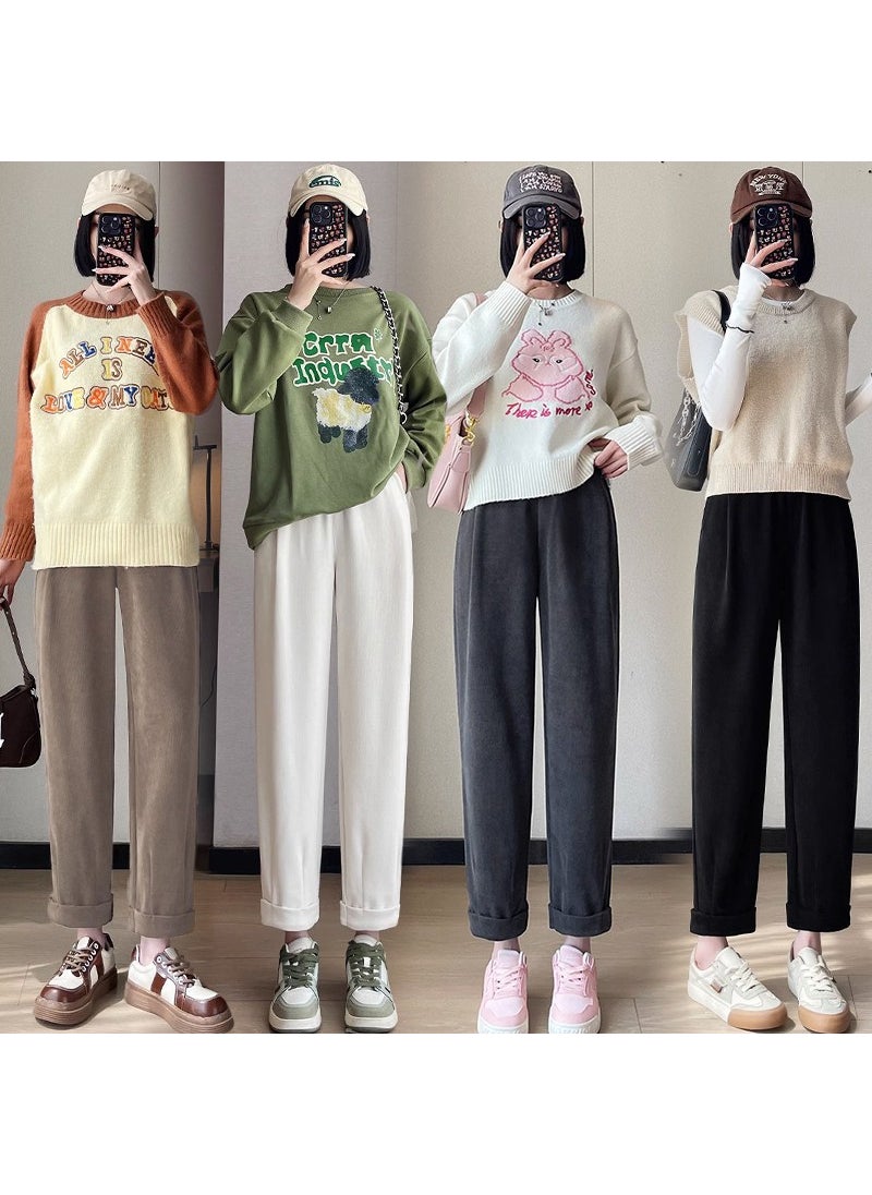 Generic Vertical Stripe Cotton Velvet Cropped Pants For Pregnant Women Spring Casual Knit Soft Rice Harem Trousers Milk Trousers Creamy-white  - Image 2