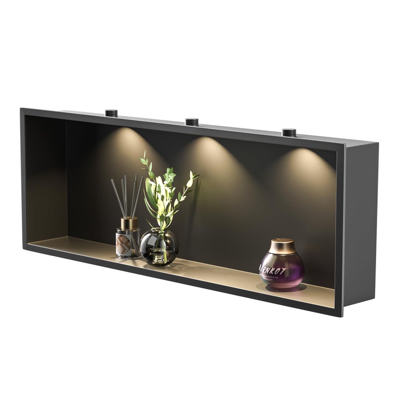 Bernkot Stainless Steel Shower Niche 36 X 12 Matte Black with Led Downlight Waterproof No Tile Needed Wall Niche for Bathroom Storage Over Mount Installation