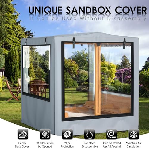 GEHENG Sandbox Cover 48x48x52 Kid Sand Box Covers Waterproof UV Resistant with Rollable Transparent Windows Ideal for Backyard Wooden Sandbox WindproofDustproof PetProof Grey Only Cover - Image 5