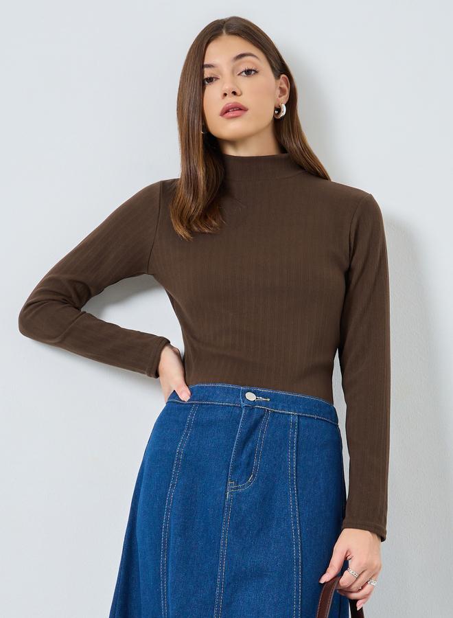 Styli Brown Ribbed Knit Mock Neck Top - Image 1
