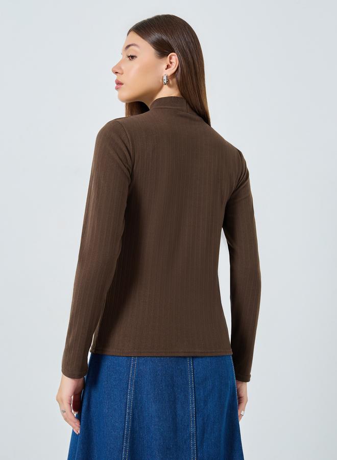 Styli Brown Ribbed Knit Mock Neck Top - Image 5