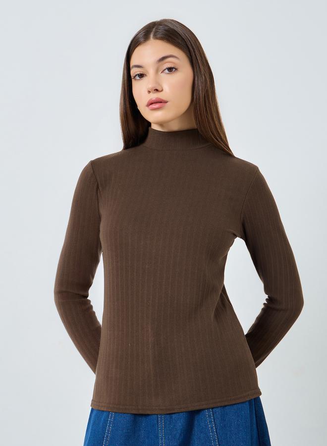Styli Brown Ribbed Knit Mock Neck Top - Image 3