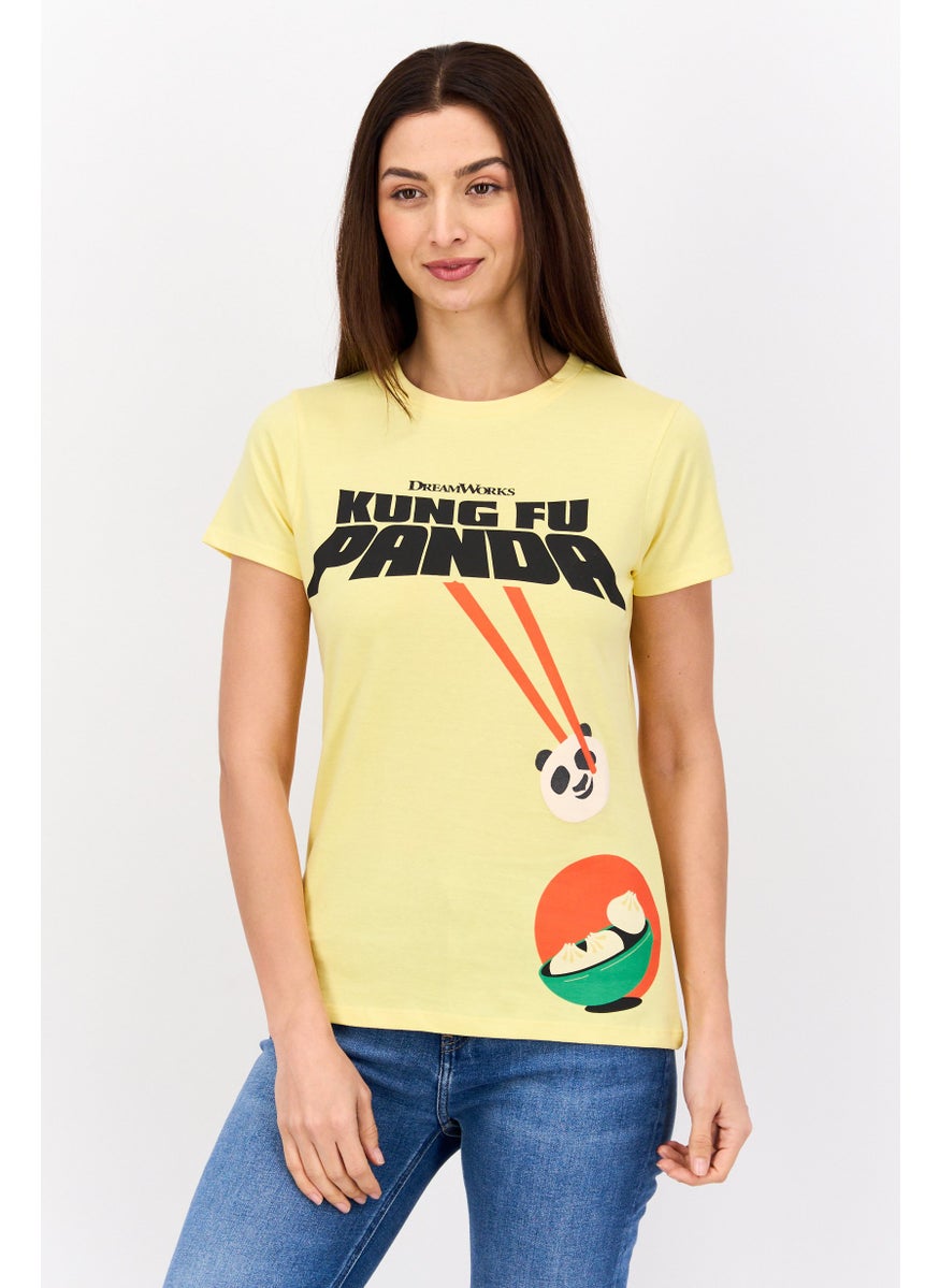 Kung Fu Panda Women Round Neck Short Sleeves Graphic Print T-Shirt, Yellow  - Image 1