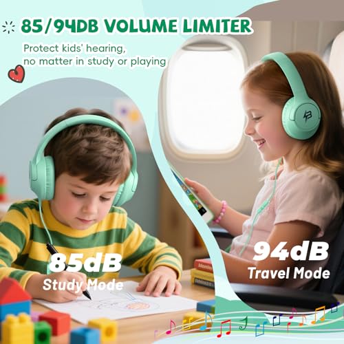 Botesty Sound Kids Headphones Wired with Microphone, 85/94dB Volume Limit Headphones for Kids, Foldable 3.5mm Plug in Headphones Corded for Child/Toddler/School/Airplane Travel/Tablet/Kindle/Laptop, Green - Image 2