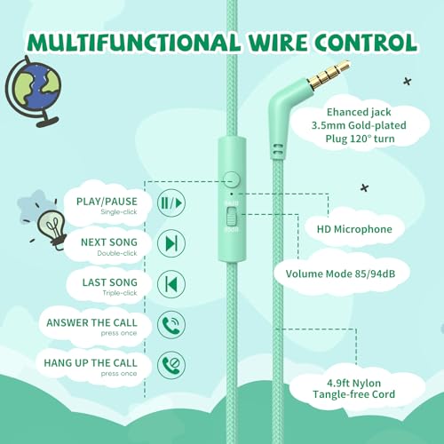 Botesty Sound Kids Headphones Wired with Microphone, 85/94dB Volume Limit Headphones for Kids, Foldable 3.5mm Plug in Headphones Corded for Child/Toddler/School/Airplane Travel/Tablet/Kindle/Laptop, Green - Image 4