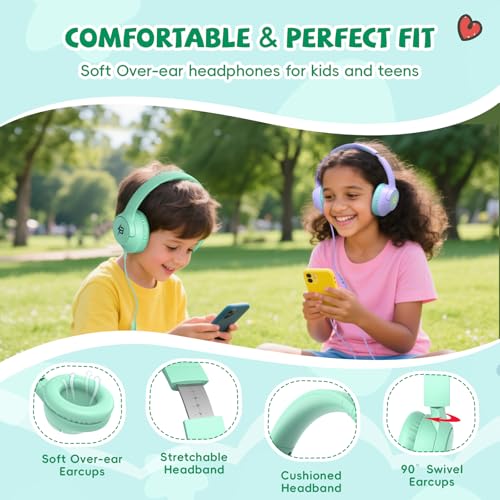 Botesty Sound Kids Headphones Wired with Microphone, 85/94dB Volume Limit Headphones for Kids, Foldable 3.5mm Plug in Headphones Corded for Child/Toddler/School/Airplane Travel/Tablet/Kindle/Laptop, Green - Image 3