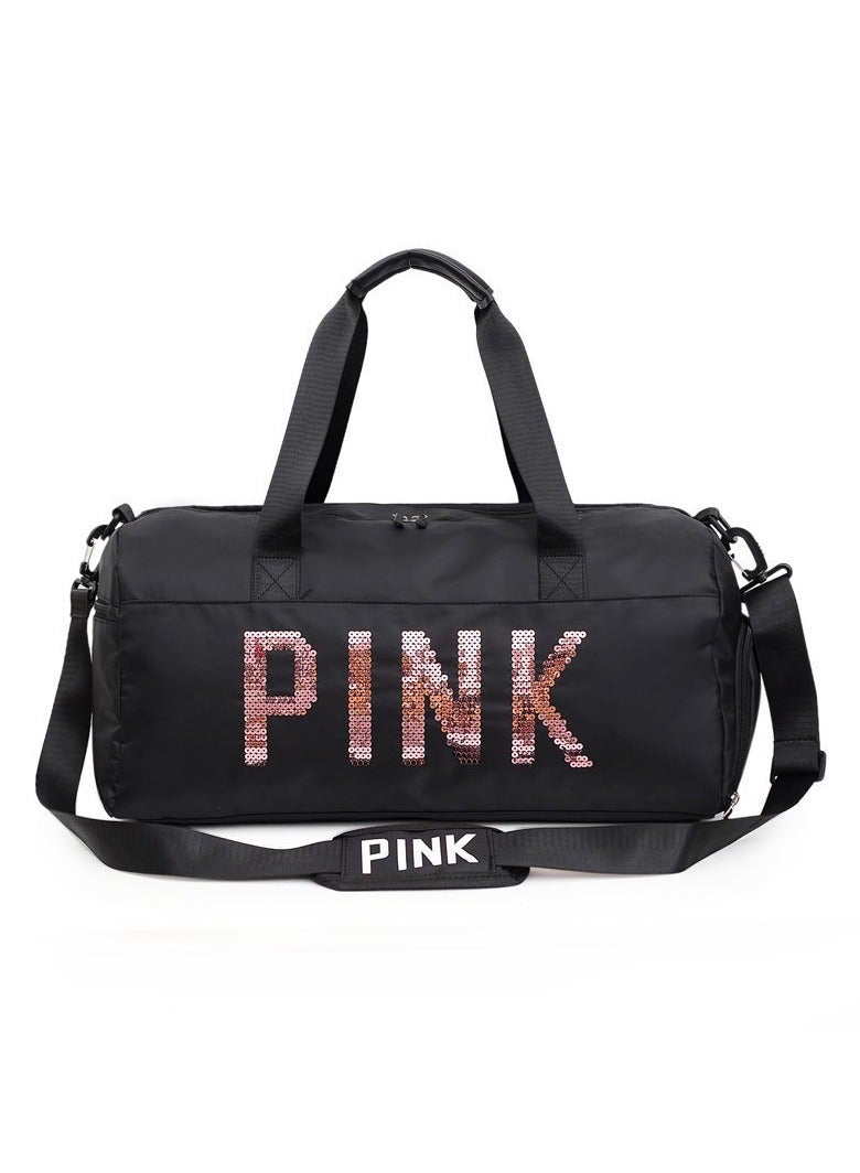 Large Capacity Letter Printed Sequins Duffel Bag Black - Image 1
