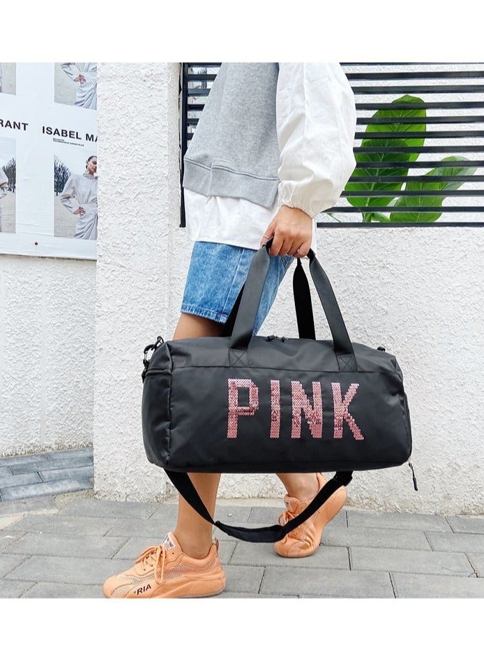 Large Capacity Letter Printed Sequins Duffel Bag Black - Image 3