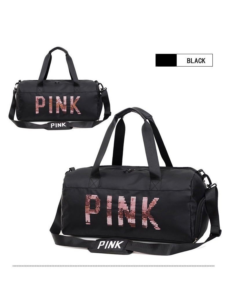 Large Capacity Letter Printed Sequins Duffel Bag Black - Image 2