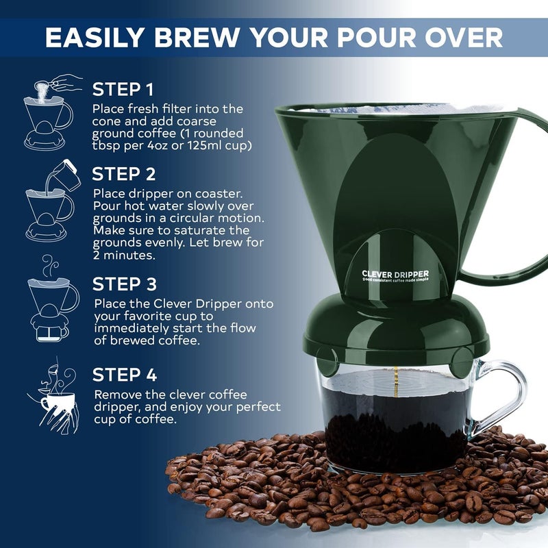 clever مصفاة قهوة ومرشحات، كبيرة 18 أونصة | اختيار الباريستا | بلاستيك آمن خالي من BPA | يتضمن 100 مرشح (أخضر داكن) - Image 3