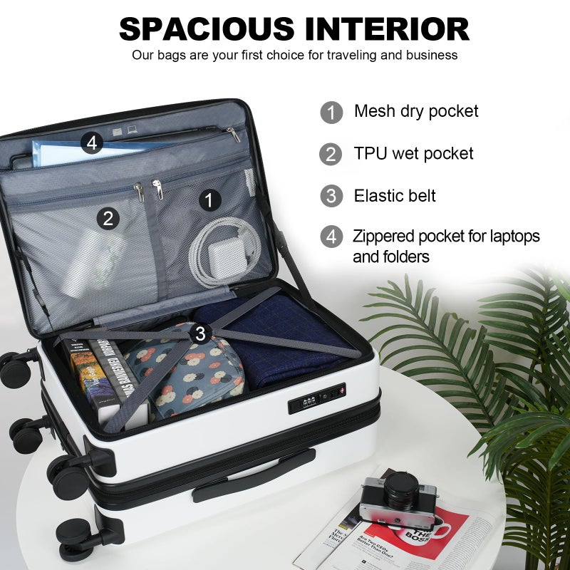 KROSER Carry On Luggage with Spinner Wheels & Built-in TSA Lock, Expandable Top Opening Hard Shell Suitcase Large Capacity Durable Rolling Luggage with USB Port, Carry-On 20-Inch, White - Image 3