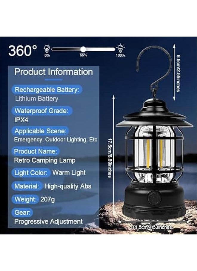HOOKOR Camping Lantern Rechargeable USB Powered, Metal Retro Camping Light Waterproof Hanging LED Vintage Tent Lamp for Outdoor Hiking Fishing Emergency  - Image 2