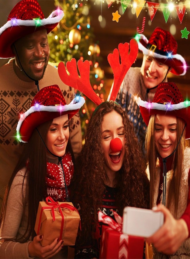 Chuarry 6 Pieces Light Up Santa Claus Cowboy Hats Set, LED Christmas Cowgirl Hat, Red and White Cowboy Hats, Classic, Colored Lights - Image 5