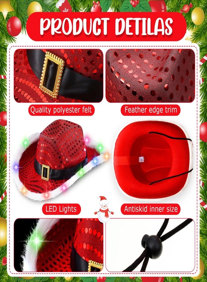 Chuarry 6 Pieces Light Up Santa Claus Cowboy Hats Set, LED Christmas Cowgirl Hat, Red and White Cowboy Hats, Classic, Colored Lights - Image 3