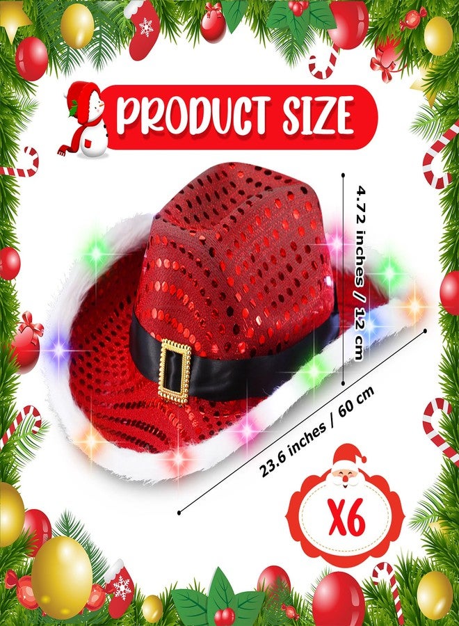Chuarry 6 Pieces Light Up Santa Claus Cowboy Hats Set, LED Christmas Cowgirl Hat, Red and White Cowboy Hats, Classic, Colored Lights - Image 2