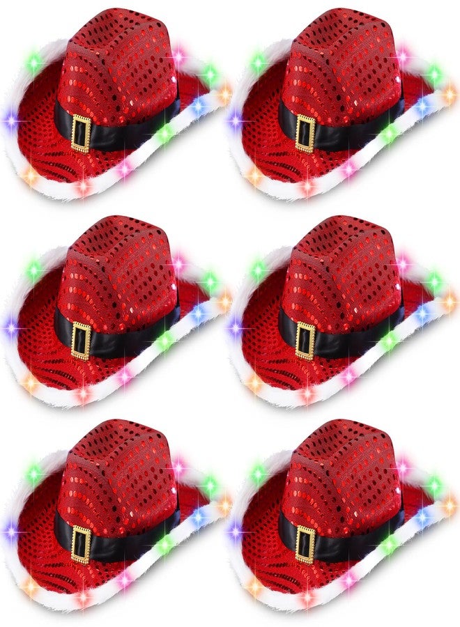Chuarry 6 Pieces Light Up Santa Claus Cowboy Hats Set, LED Christmas Cowgirl Hat, Red and White Cowboy Hats, Classic, Colored Lights - Image 1