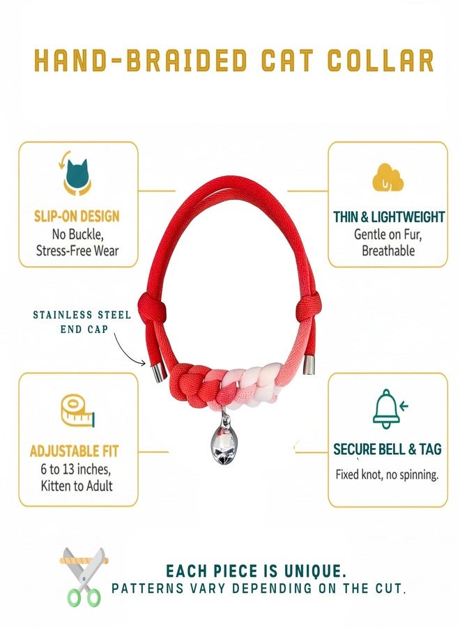 ChurroPet Cat Collar with Bell, Cute Adjustable Cotton Kitten Collar, Soft Lightweight Slip On Collar for Indoor Cats, Handmade in California (Red Ombre+Silver Bell) - Image 2