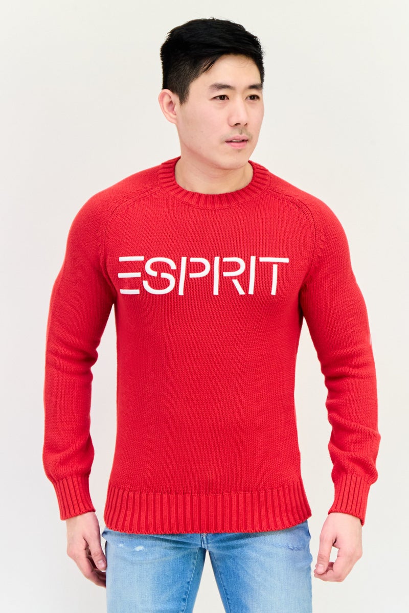 ESPRIT Men Ribbed Neck Knitted Sweater, Red - Image 1