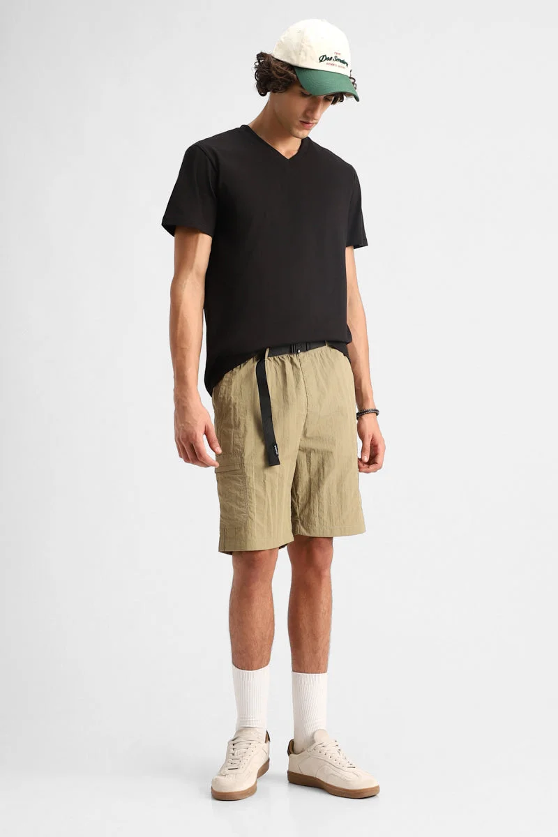 SNITCH Khaki Crushed 100% Nylon Cargo Shorts for Men | Best Price UAE