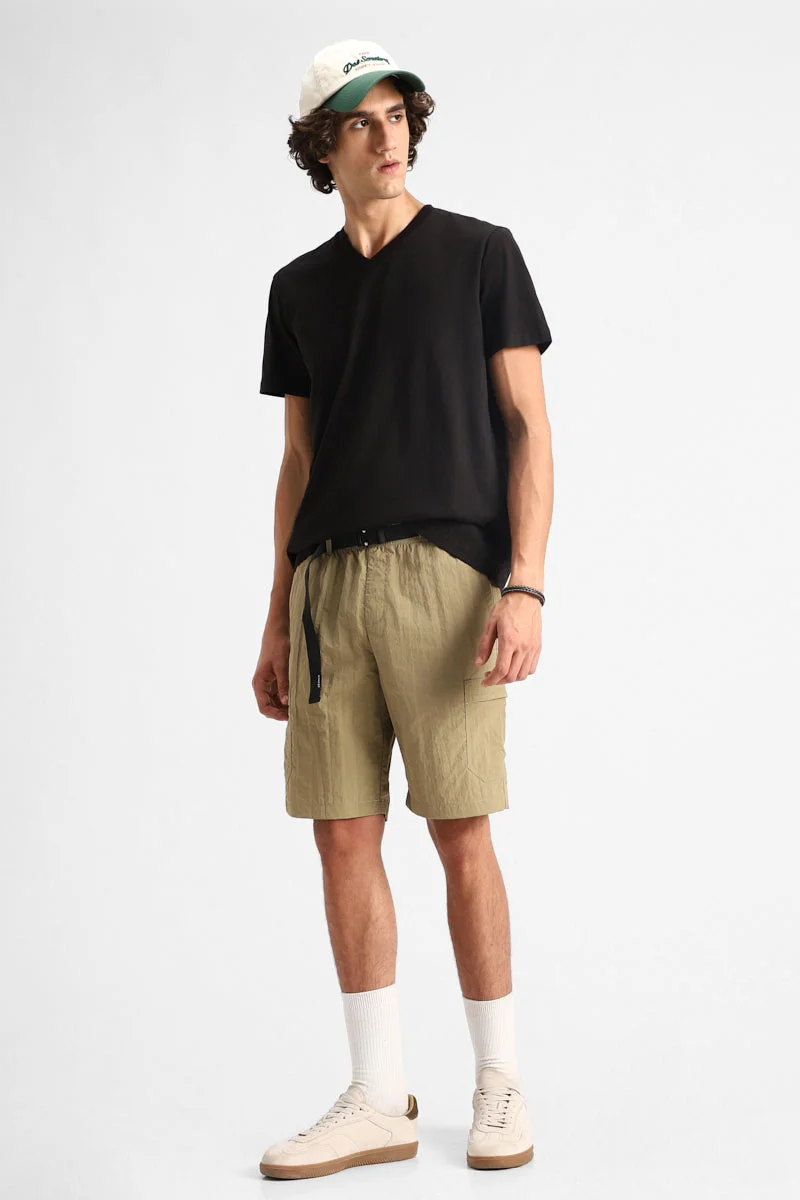 SNITCH Khaki Crushed 100% Nylon Cargo Shorts for Men | Best Price UAE