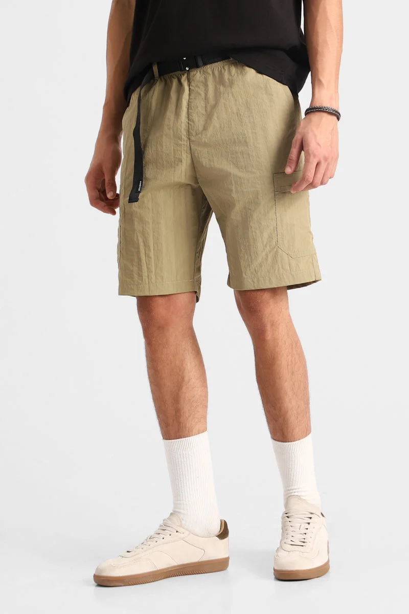 SNITCH Khaki Crushed 100% Nylon Cargo Shorts for Men | Best Price UAE