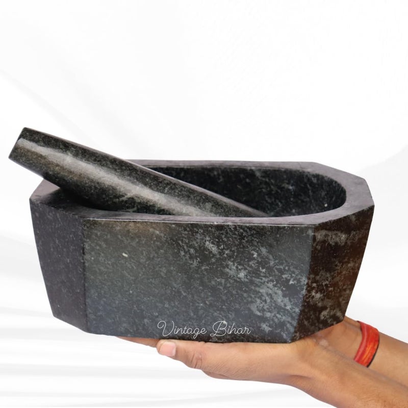 VintageBihar Tamda Stone Mortar and Pestle Set Octagonal Boat Shape Khalbatta for Kitchen Grinder for Spices Chutneys and Herbal Pastes Length 10 Inch - Image 1