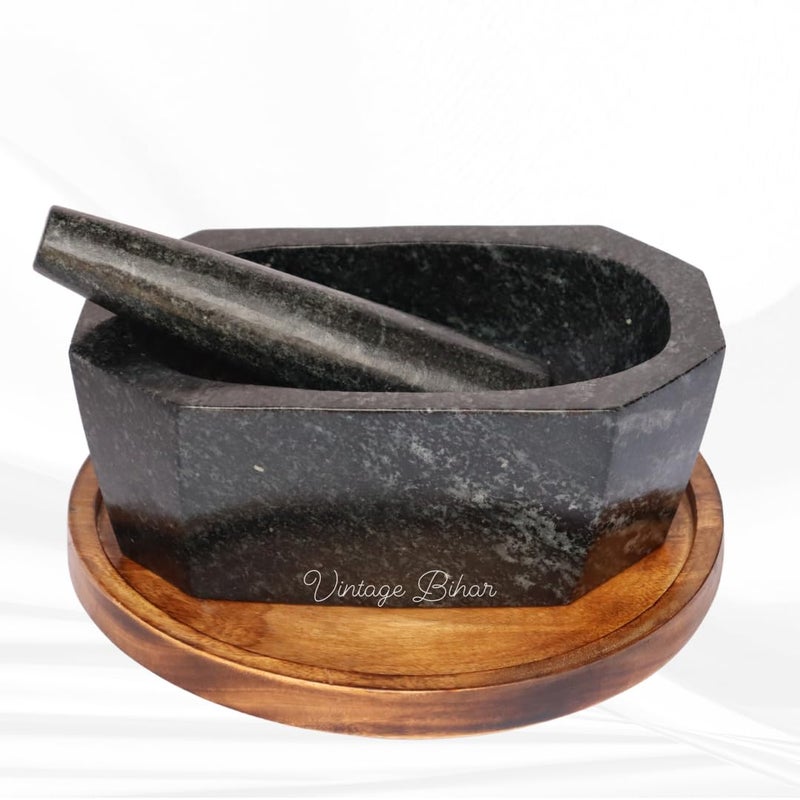 VintageBihar Tamda Stone Mortar and Pestle Set Octagonal Boat Shape Khalbatta for Kitchen Grinder for Spices Chutneys and Herbal Pastes Length 10 Inch - Image 2