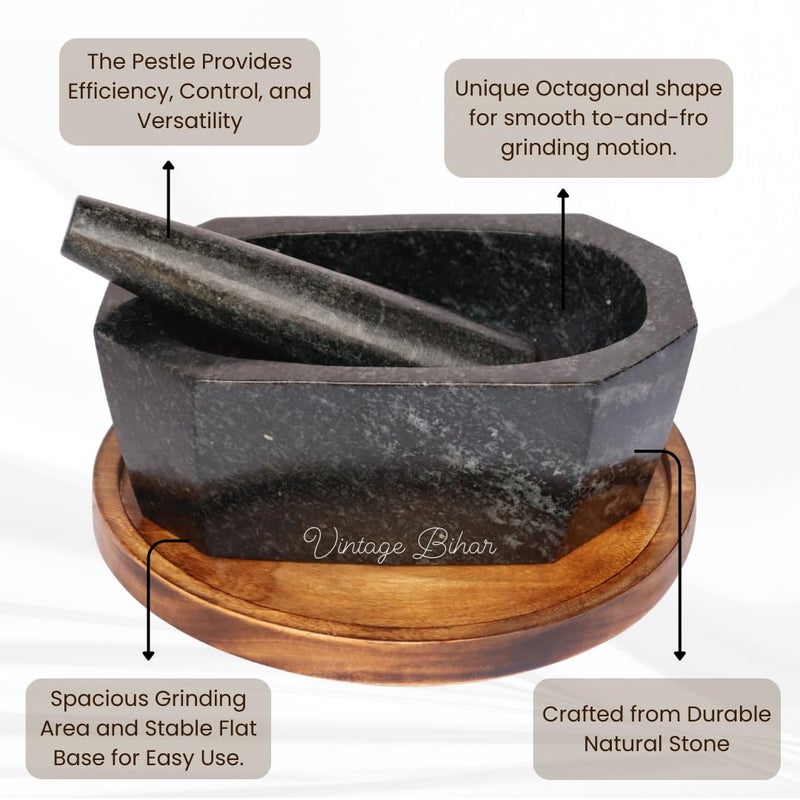 VintageBihar Tamda Stone Mortar and Pestle Set Octagonal Boat Shape Khalbatta for Kitchen Grinder for Spices Chutneys and Herbal Pastes Length 10 Inch - Image 5