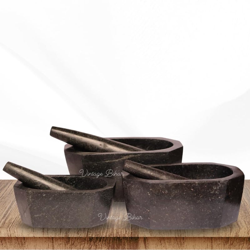 VintageBihar Tamda Stone Mortar and Pestle Set Octagonal Boat Shape Khalbatta for Kitchen Grinder for Spices Chutneys and Herbal Pastes Length 10 Inch - Image 3