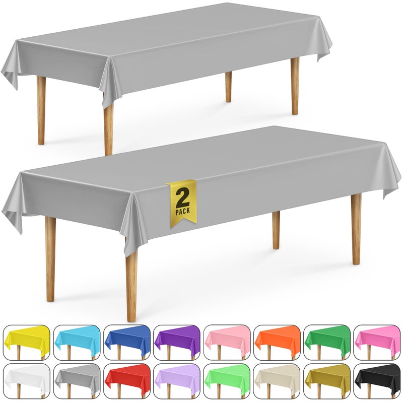 DecorRack 2 Rectangular Tablecloths BPAFree Plastic 54 x 108 inch Dining Table Cover Cloth Rectangle for Parties Picnic Camping and Outdoor Disposable or Reusable in Silver 2 Pack