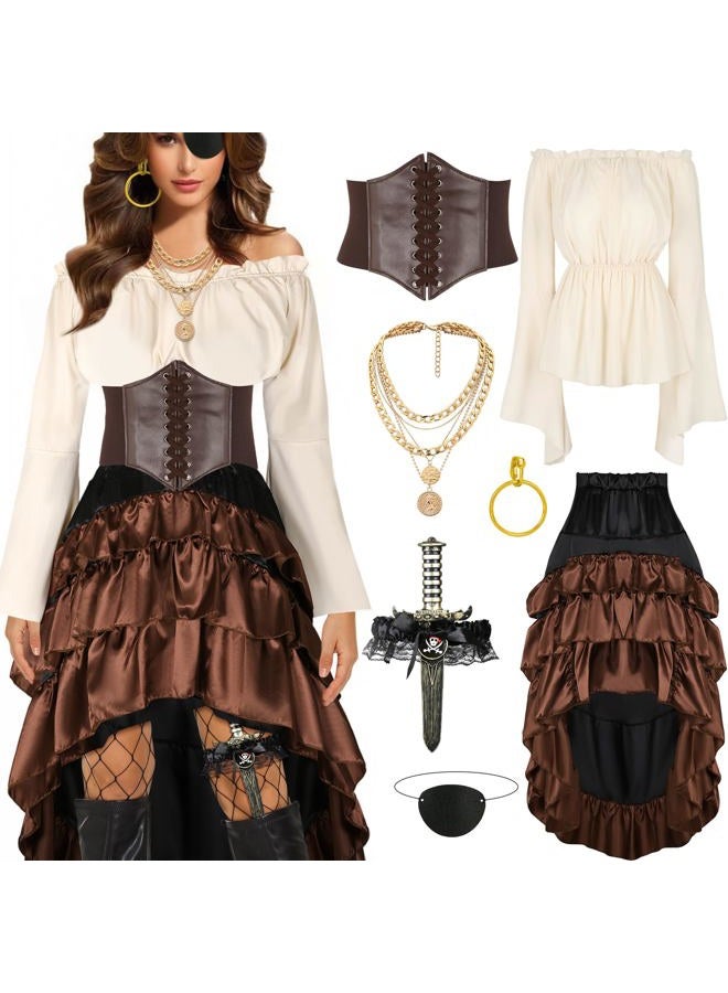 CICOCI Pirate Costume Women Outfits Renaissance Corset Steampunk Skirt Top Pirate Accessories Full Halloween Costume, Brown, X-Large - Image 1